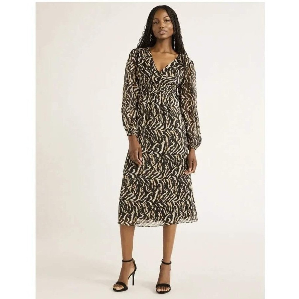 Chiffon Midi Dress Black Brown Zebra Long Sleeves Empire Waist Y2K Whimsigoth XS